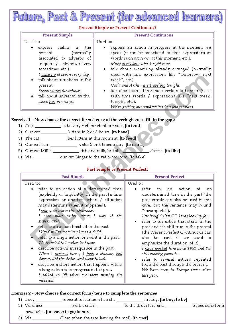 Present, Past & Future (for advanced learners) - 9 tenses contrasted + keys included ((4 pages)) ***fully editable
