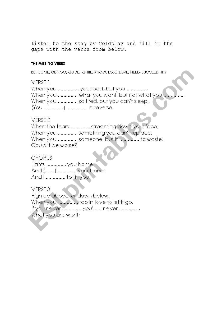 Fix you - Coldplay worksheet