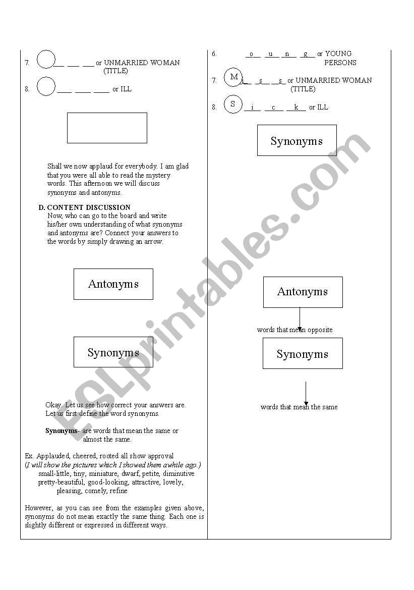 lesson plan about Antonyms and synonyms - A Semi Detailed Lesson