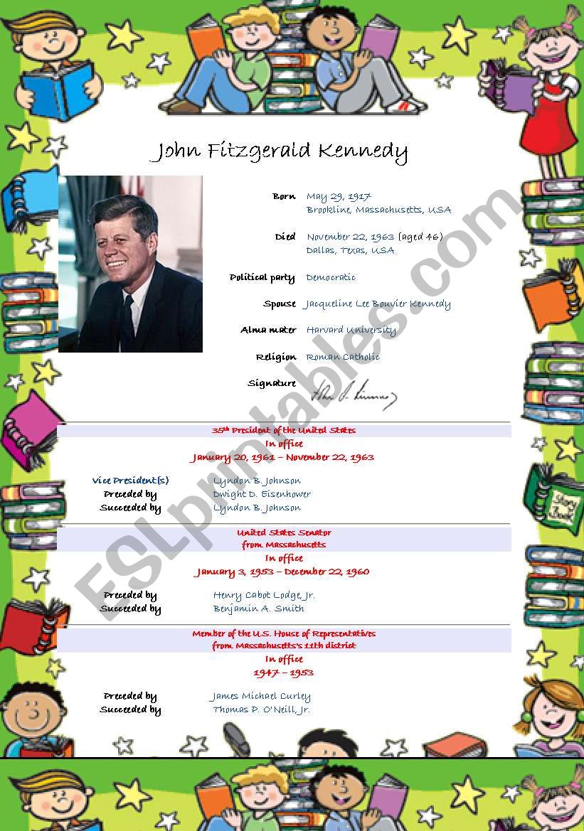 Listening comprehension and grammar exercises on John Fitzgerald Kennedy