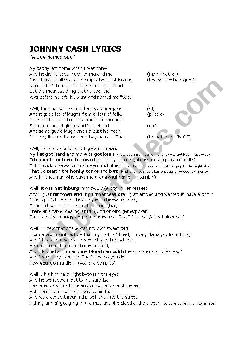 Johnny Cash--A Boy Named Sue  worksheet