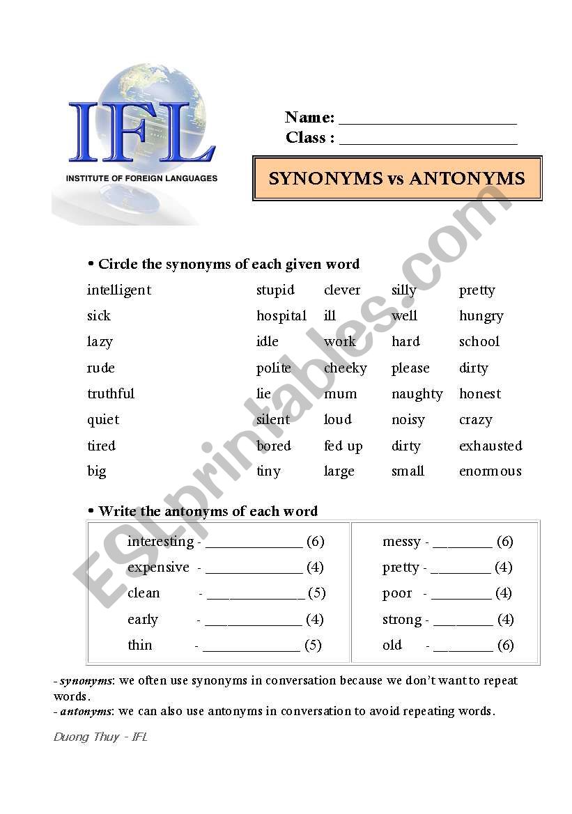 synonyms vs antonyms worksheet