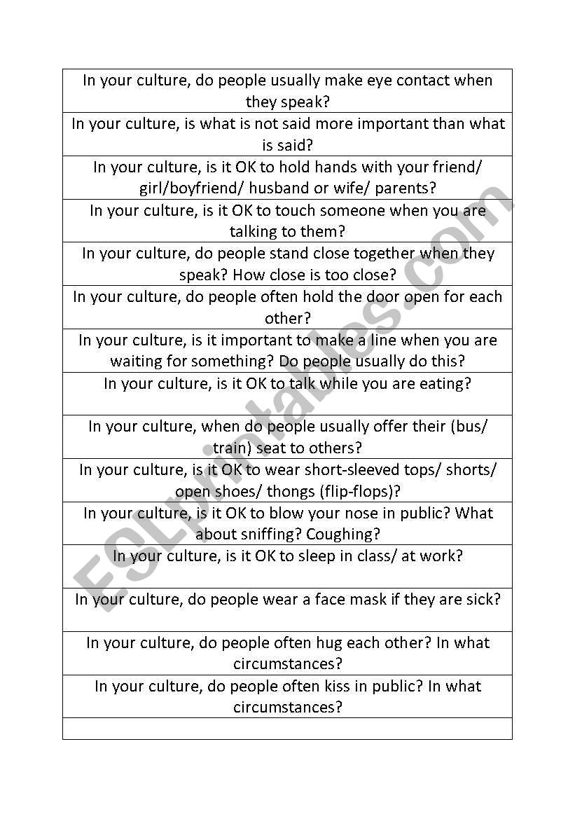 In your culture... worksheet