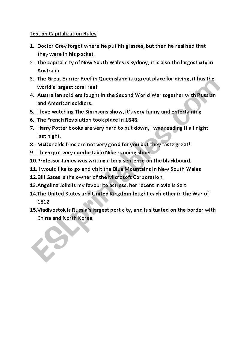 Capitalization rules quiz worksheet