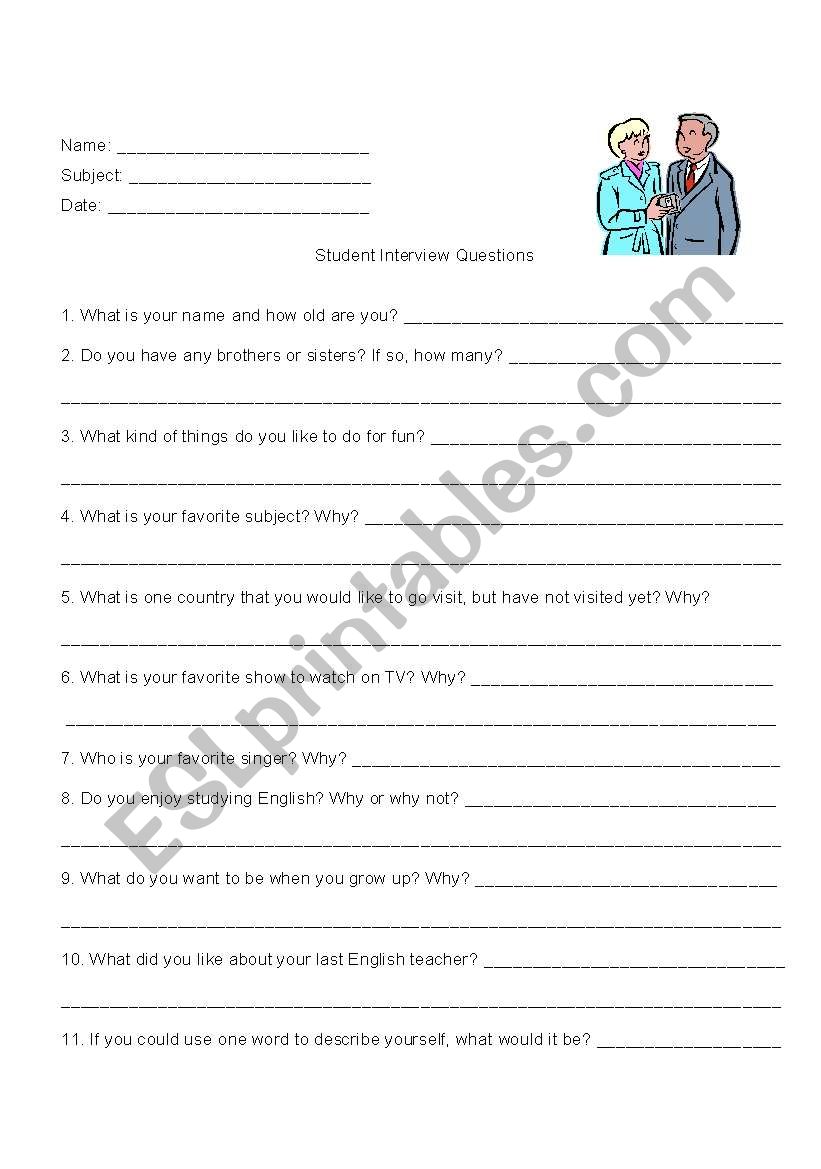 Student Interview Questions worksheet