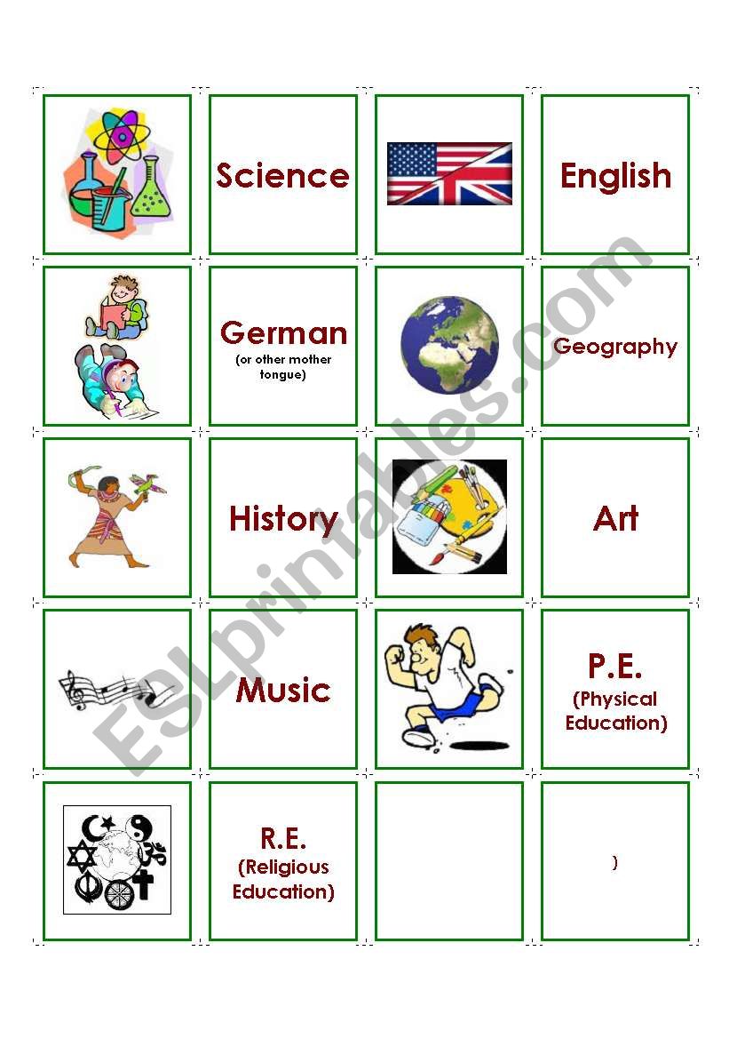 School Subjects Memory worksheet