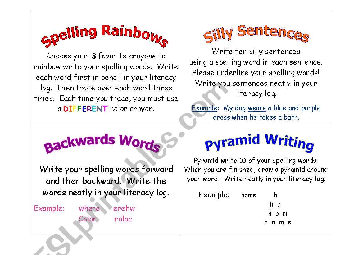 Spelling Task Cards worksheet