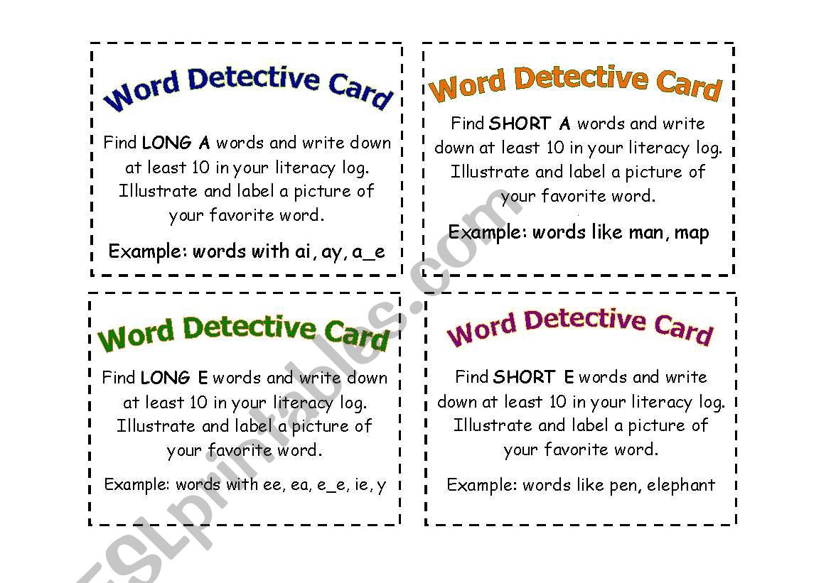 Word Detective cards worksheet