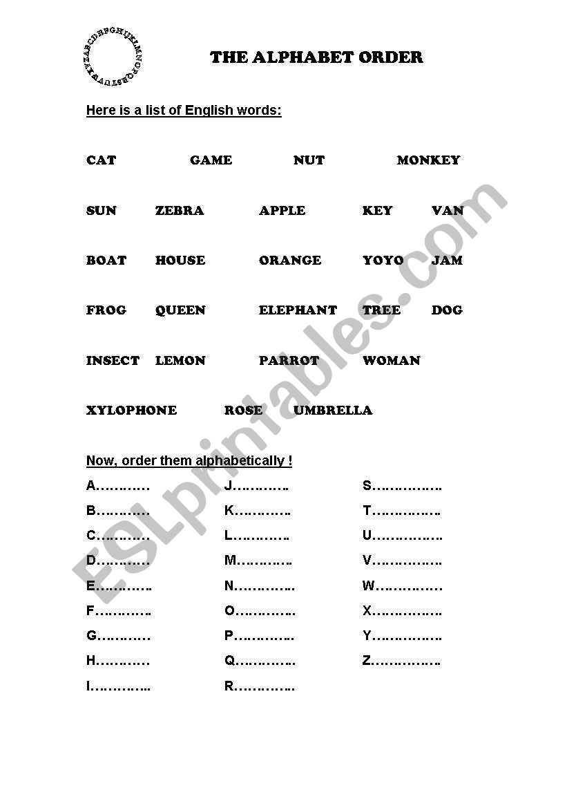 THE ALPHABET ORDER worksheet