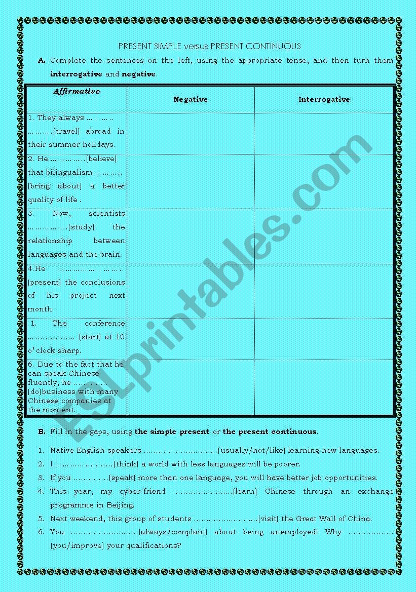 worksheet about present simple versus present continuous