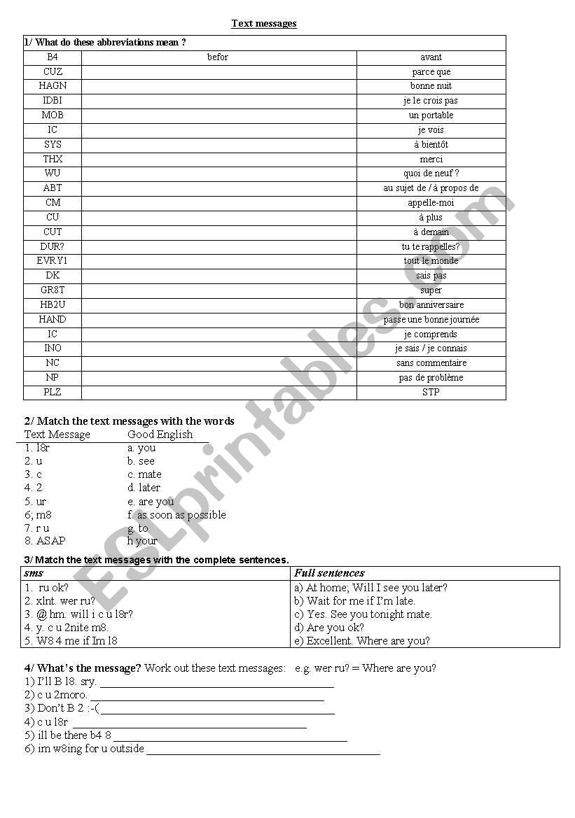 Text messages worksheet