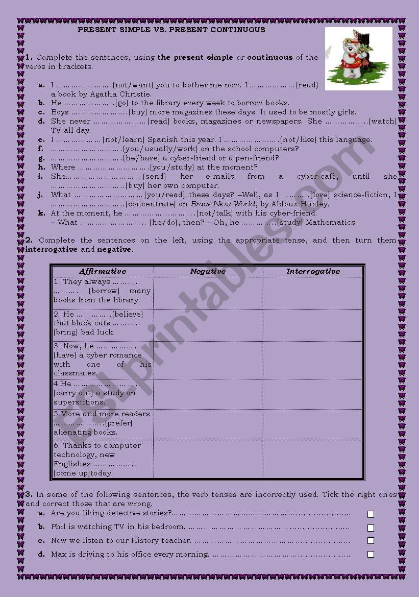 Worksheet about  present simple and present continuous