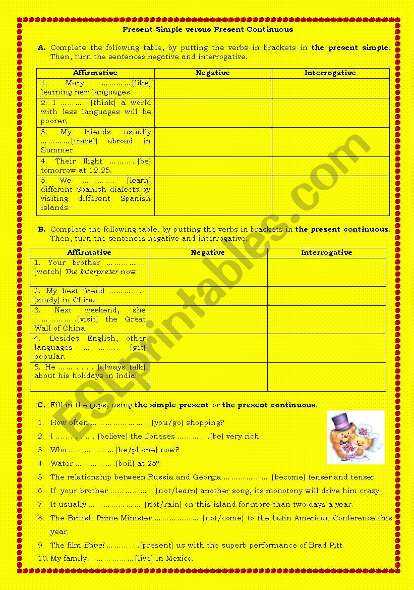 worksheet about present simple and present continuous