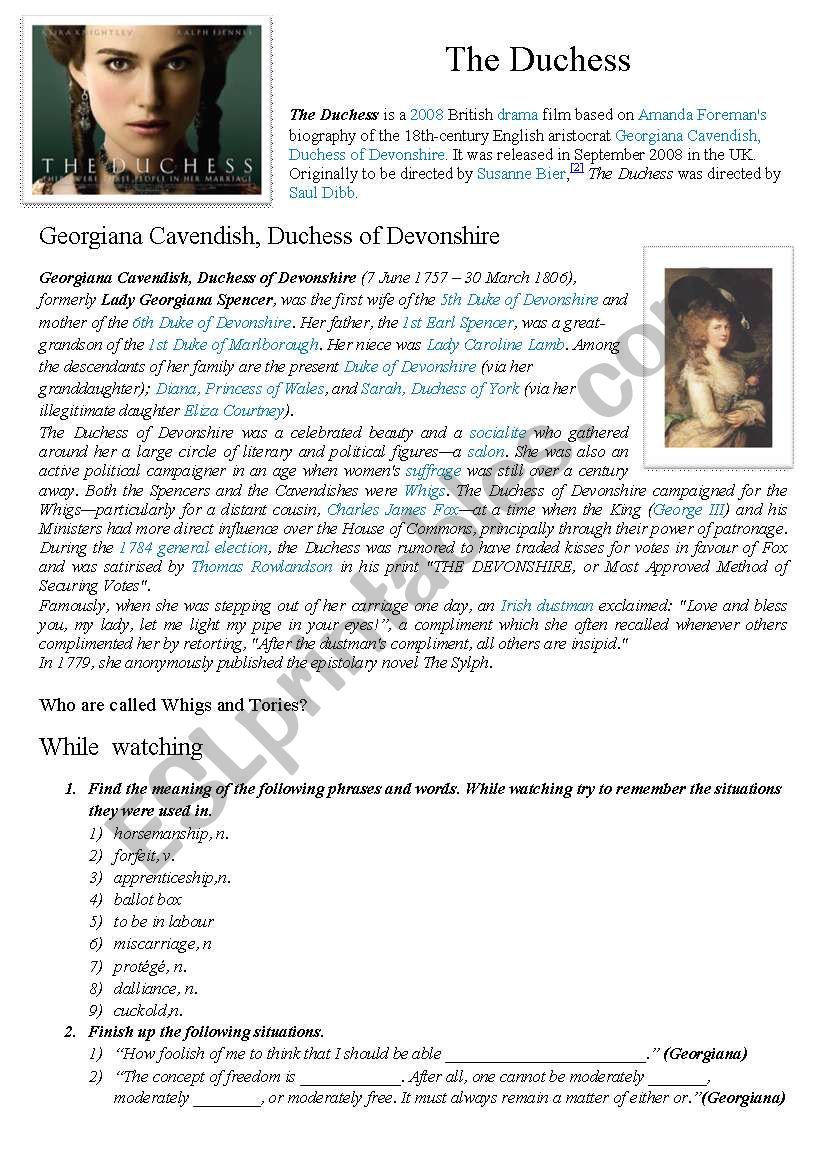 The Duchess movie worksheet worksheet