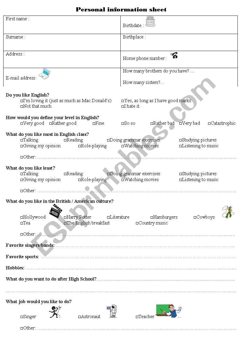 Personnal Information sheet worksheet