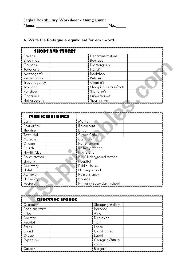 Shopping worksheet