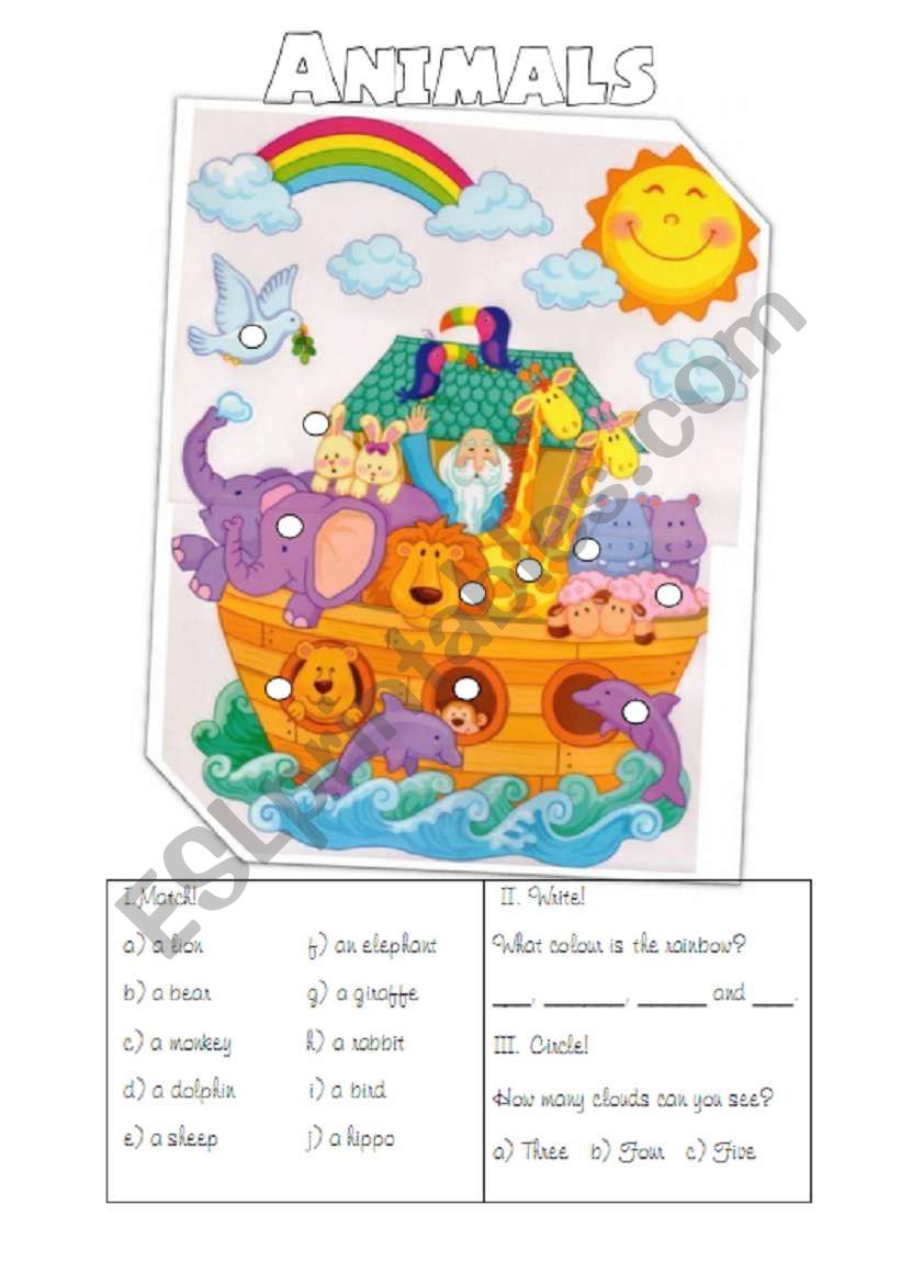 Animals, numbers, colours worksheet