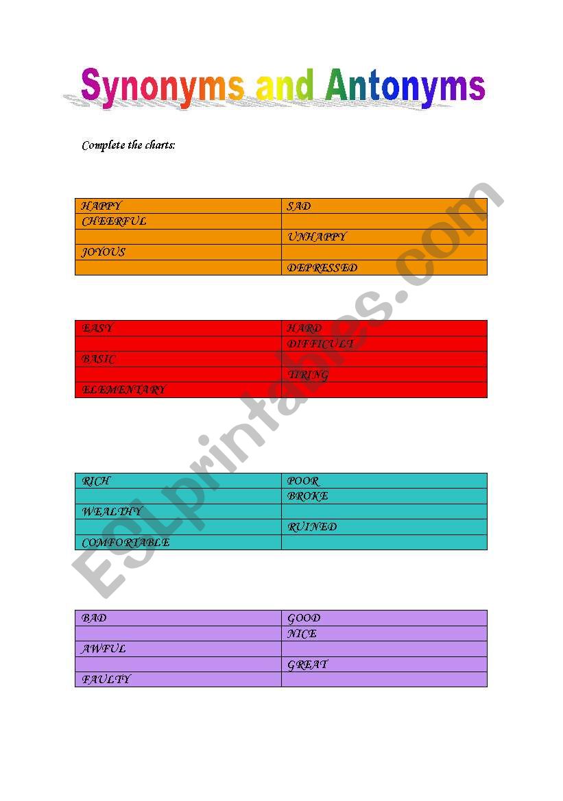 synonyms and antonyms worksheet