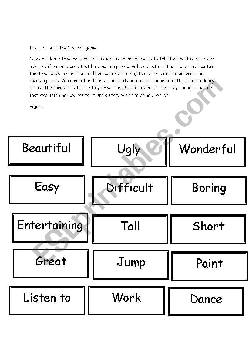 The 3 words game worksheet