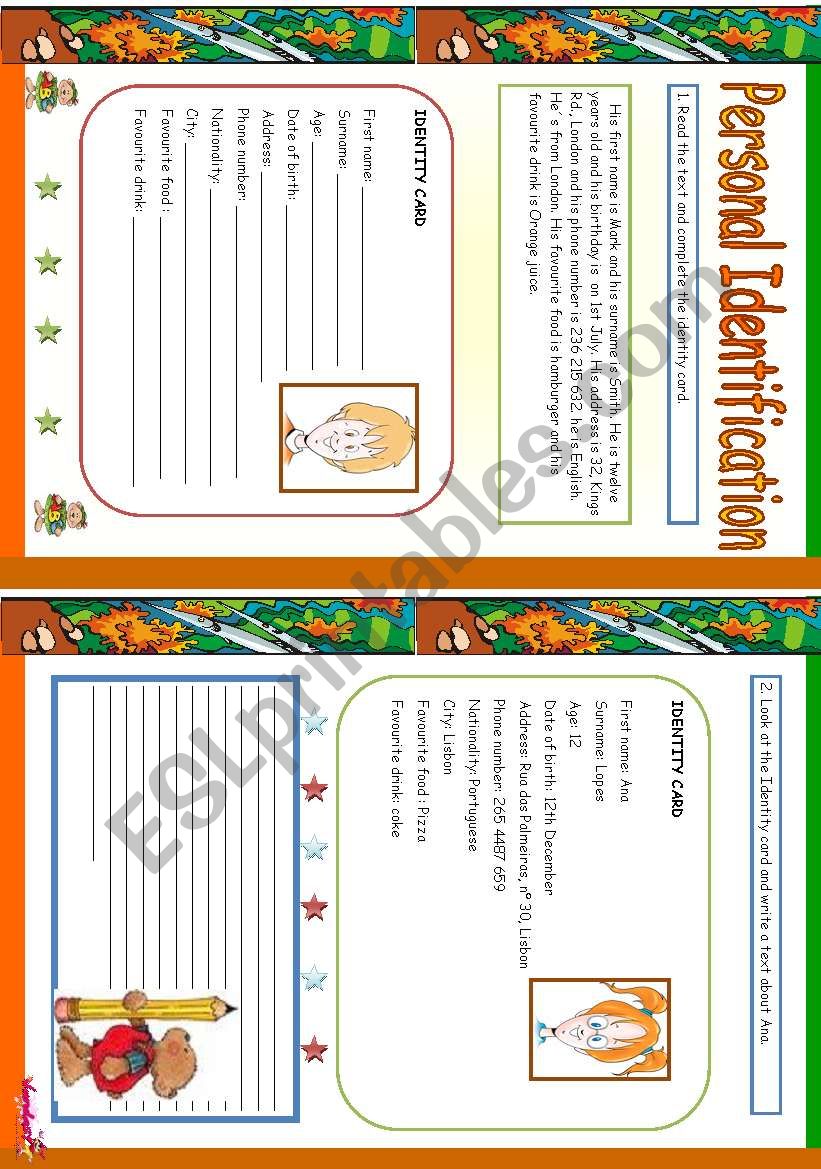 Personal Identification worksheet