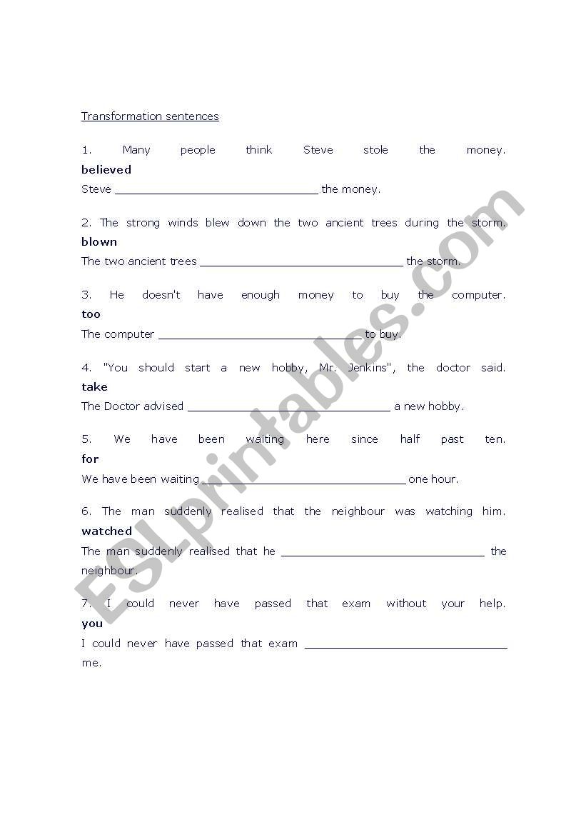 English Worksheets Transformation Sentences FCE