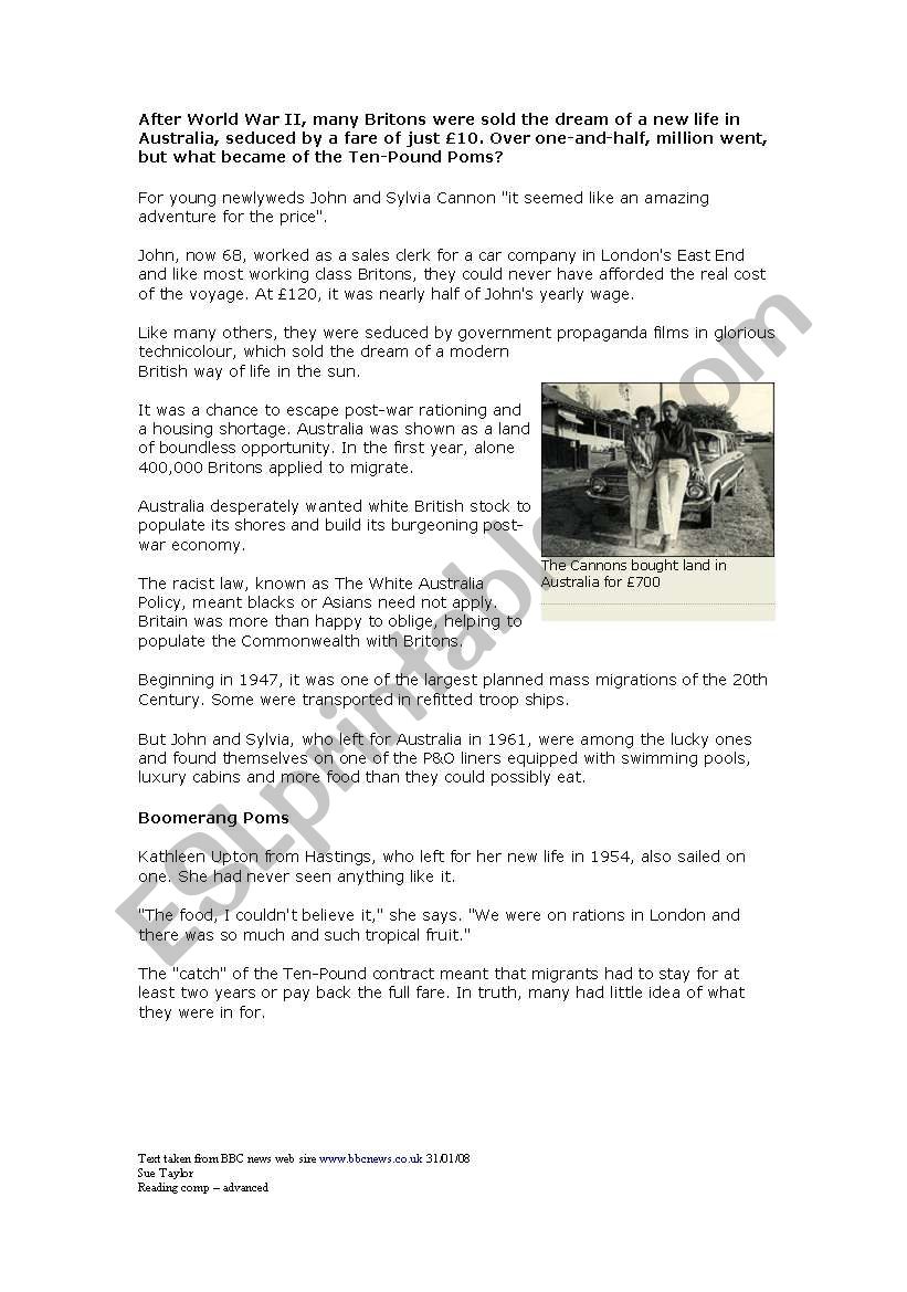 10 passage to australia worksheet