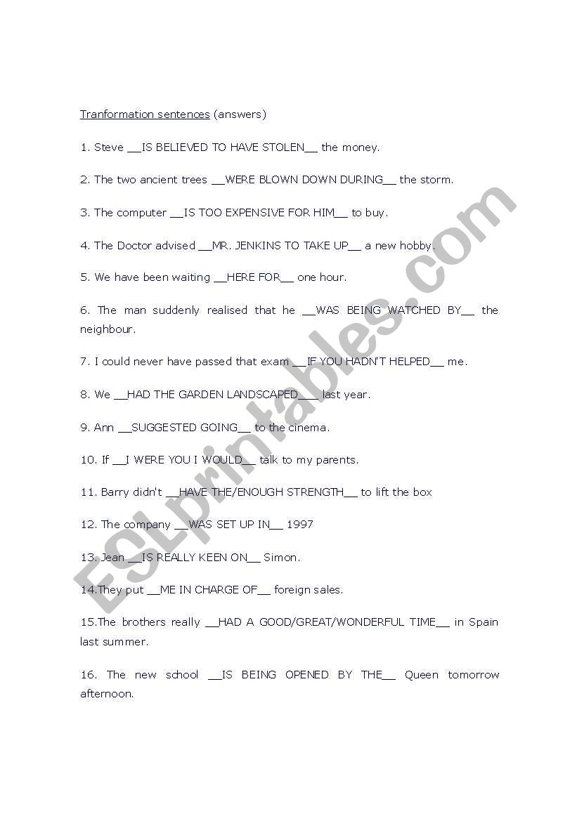 Transformation sentences FCE answers