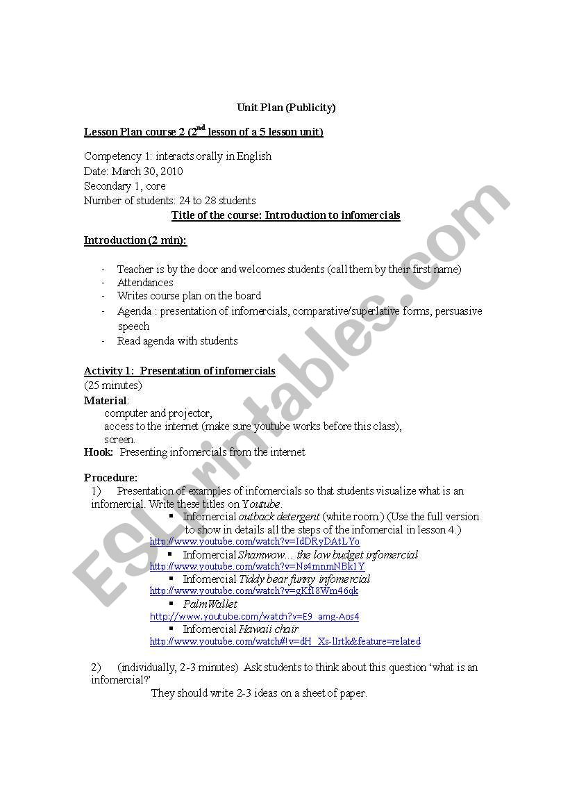 infomercial lesson 2 worksheet