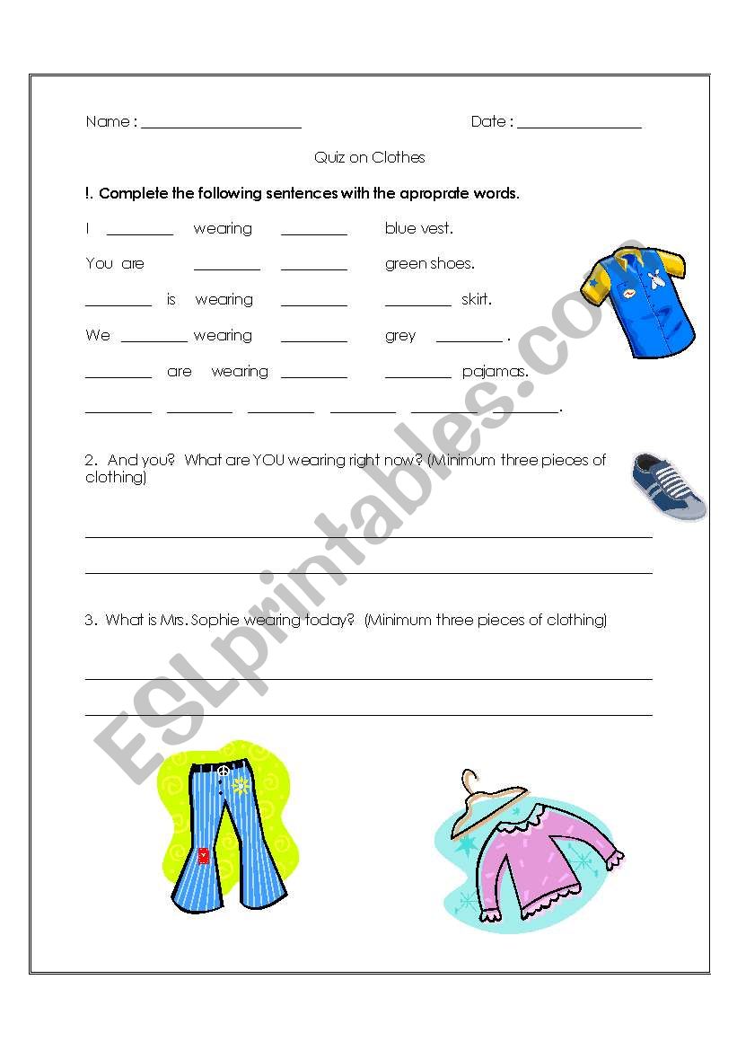 Quiz on clothes worksheet