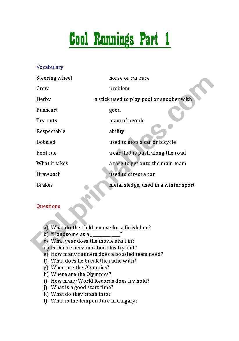 Cool Running Part 1 worksheet
