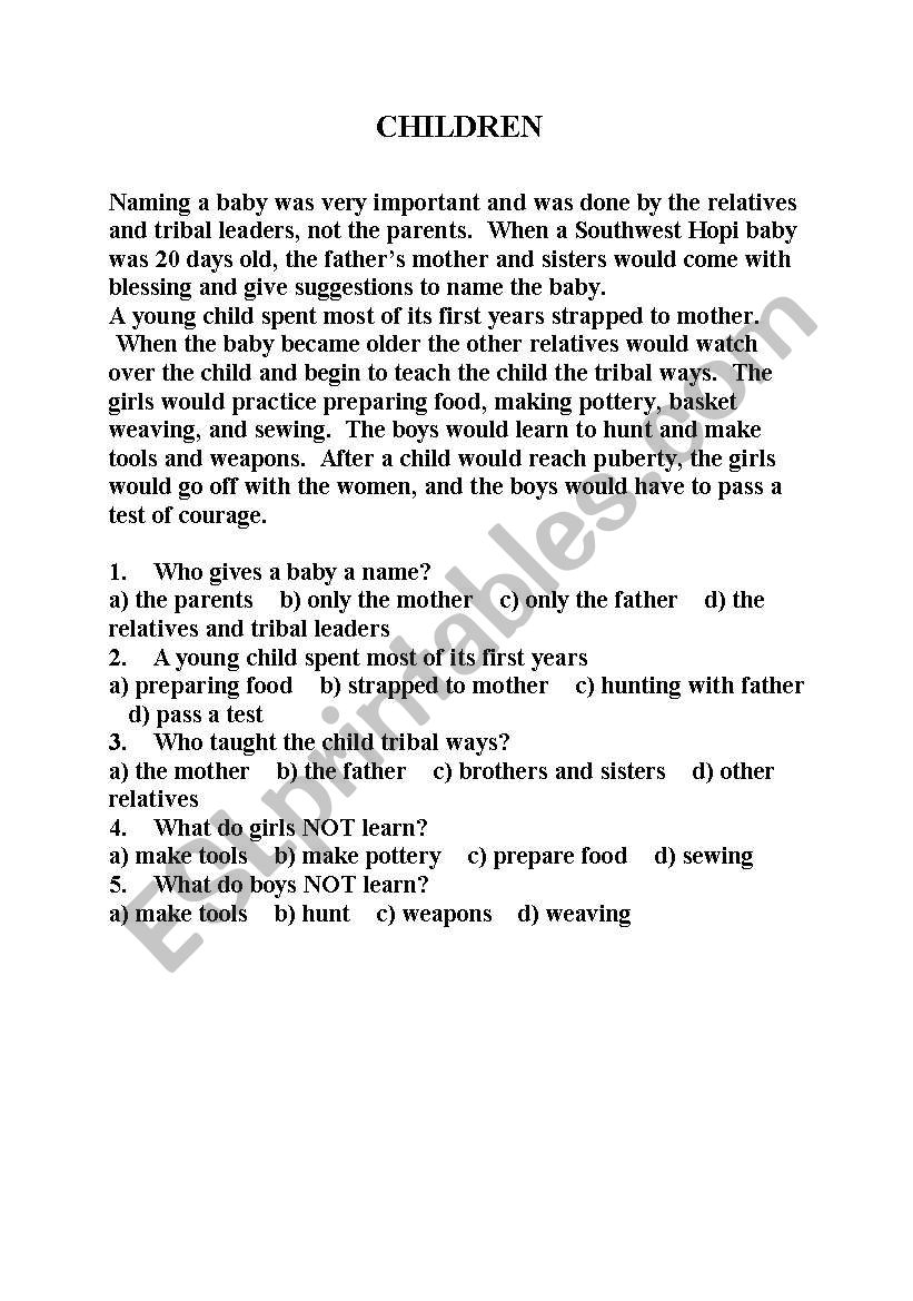 reading comprehension  worksheet