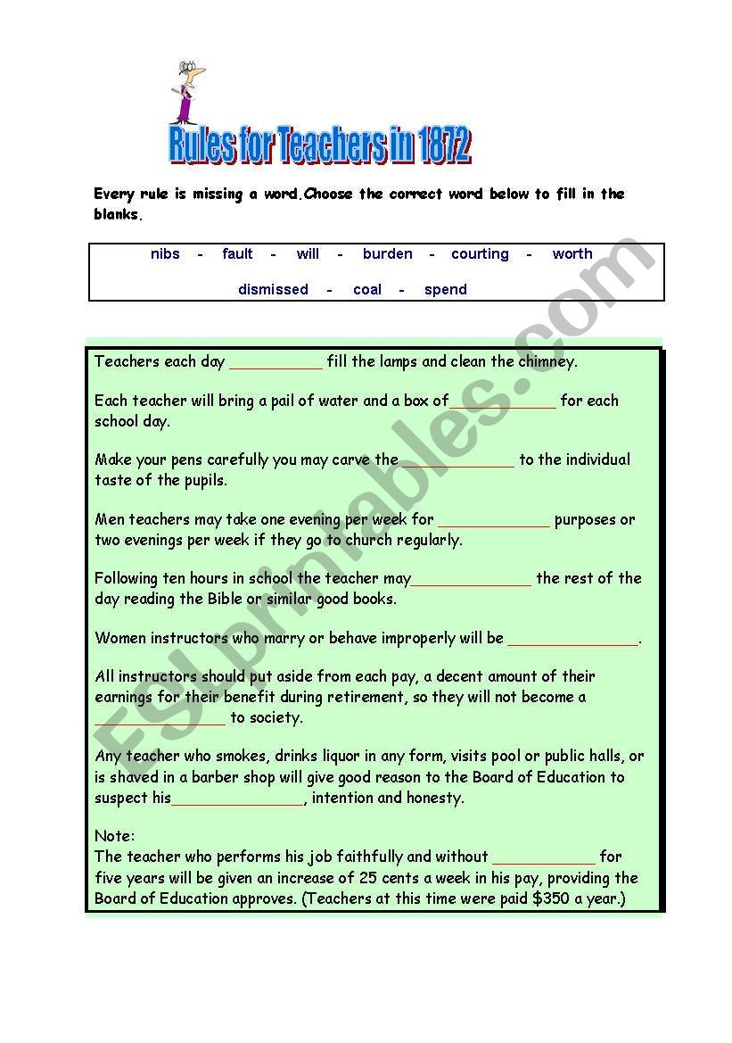 Rules for Teachers in 1872 worksheet