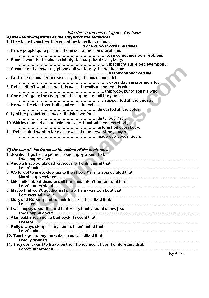 EXERCISES ON ING FORM USED AS NOUNS