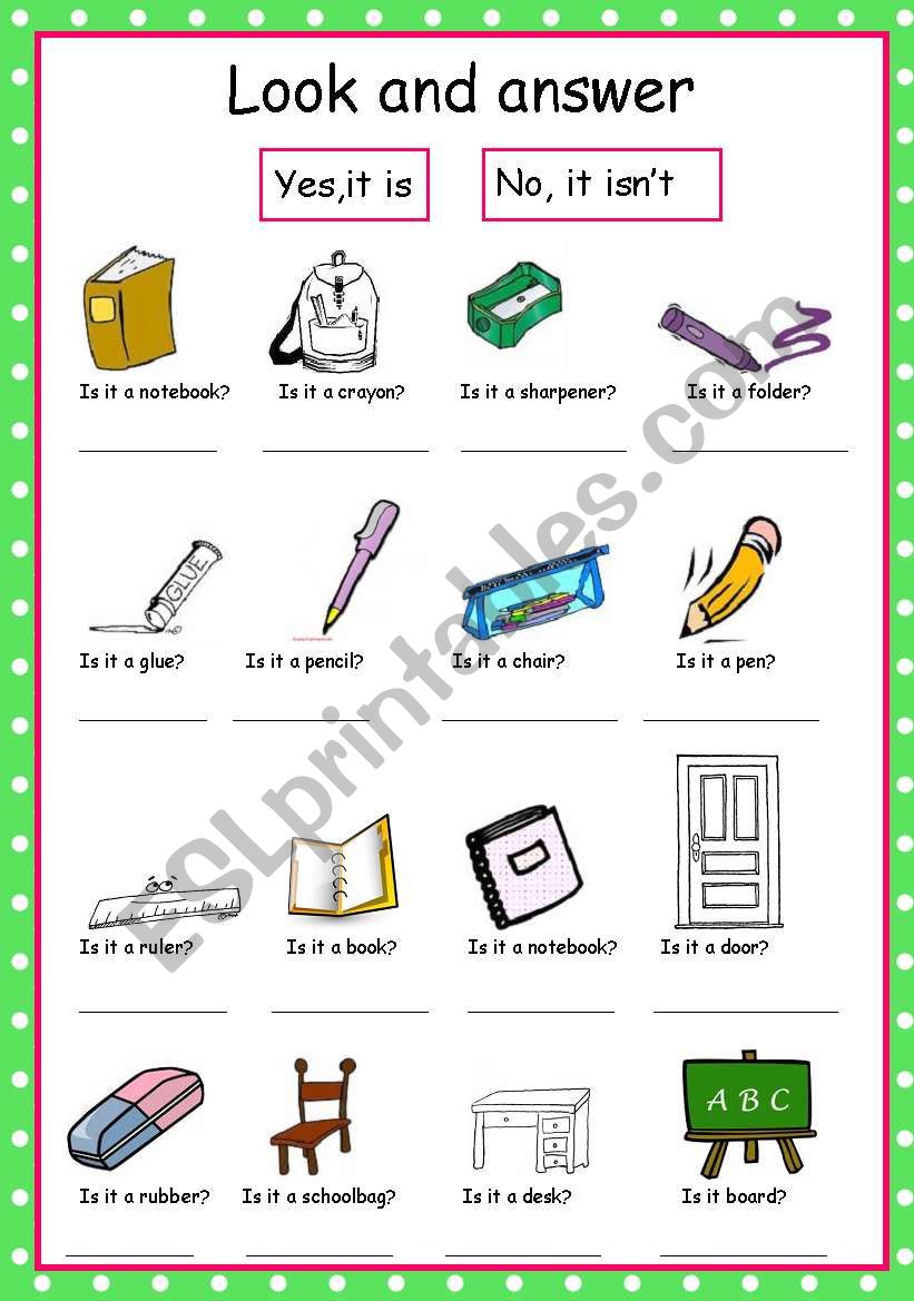 Look and answer about school objects.