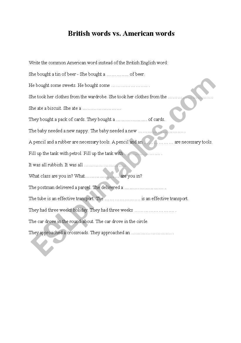 british vs american worksheet