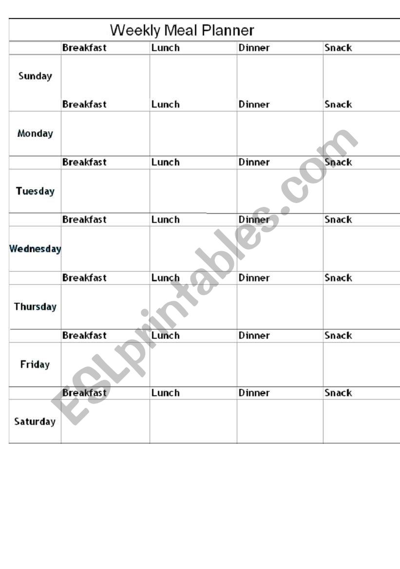 English worksheets: weekly meal planner