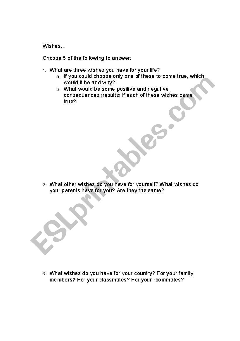 Wishes writing assignment worksheet