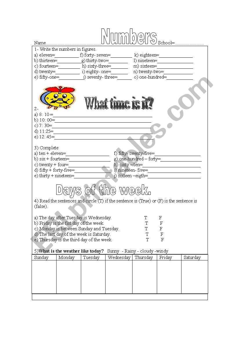 Numbers and Days of week. worksheet