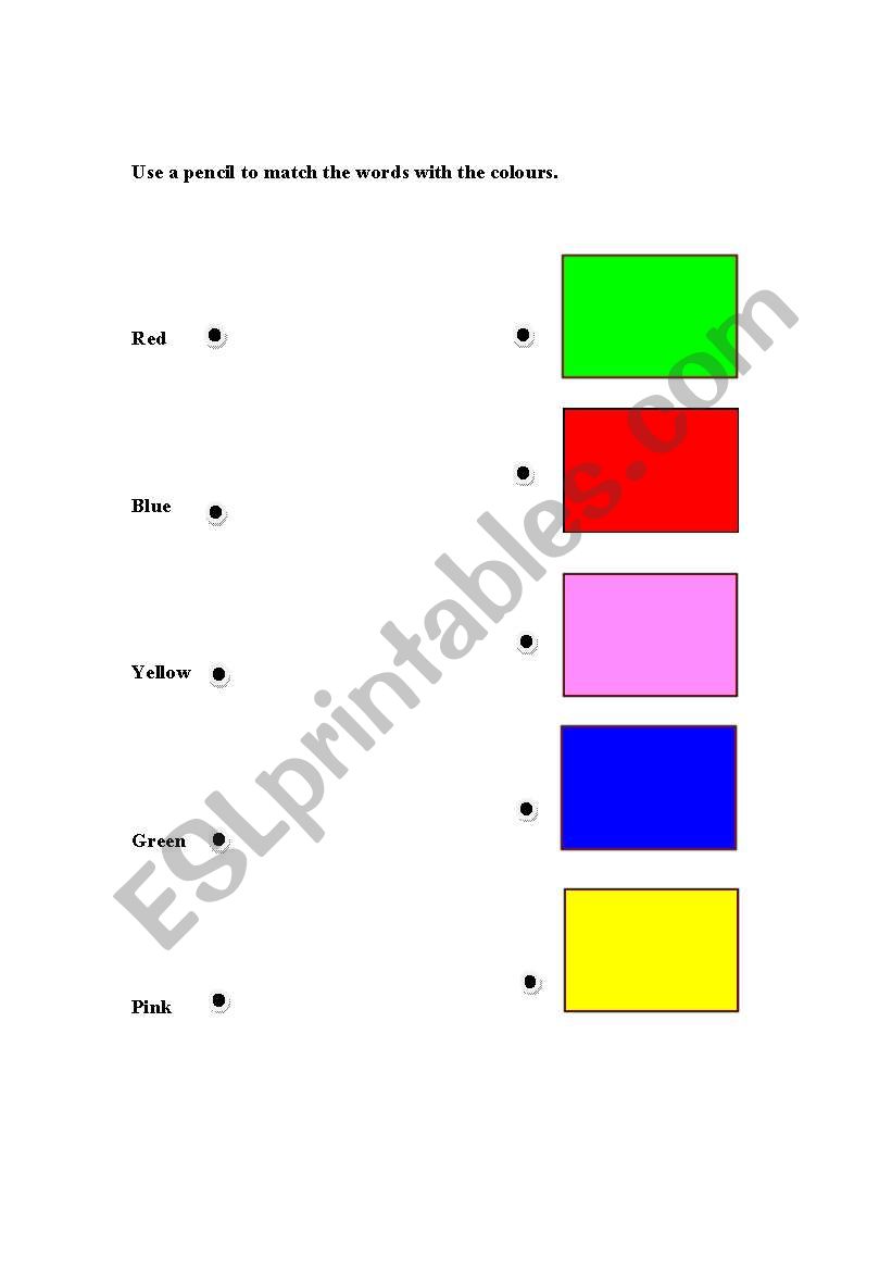 Colours worksheet Green, Red, Pink, Blue, Yellow. Match the words with the colours.