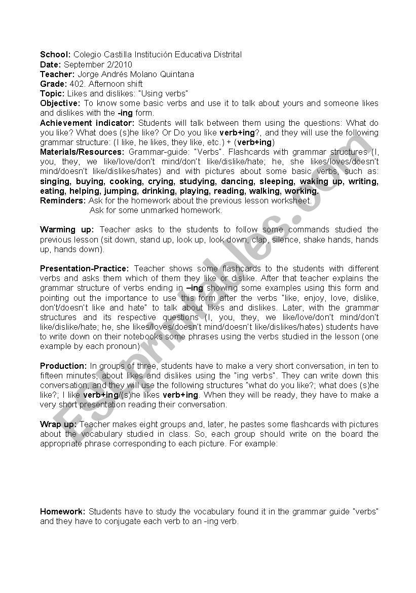 Likes and dislikes VERBS worksheet