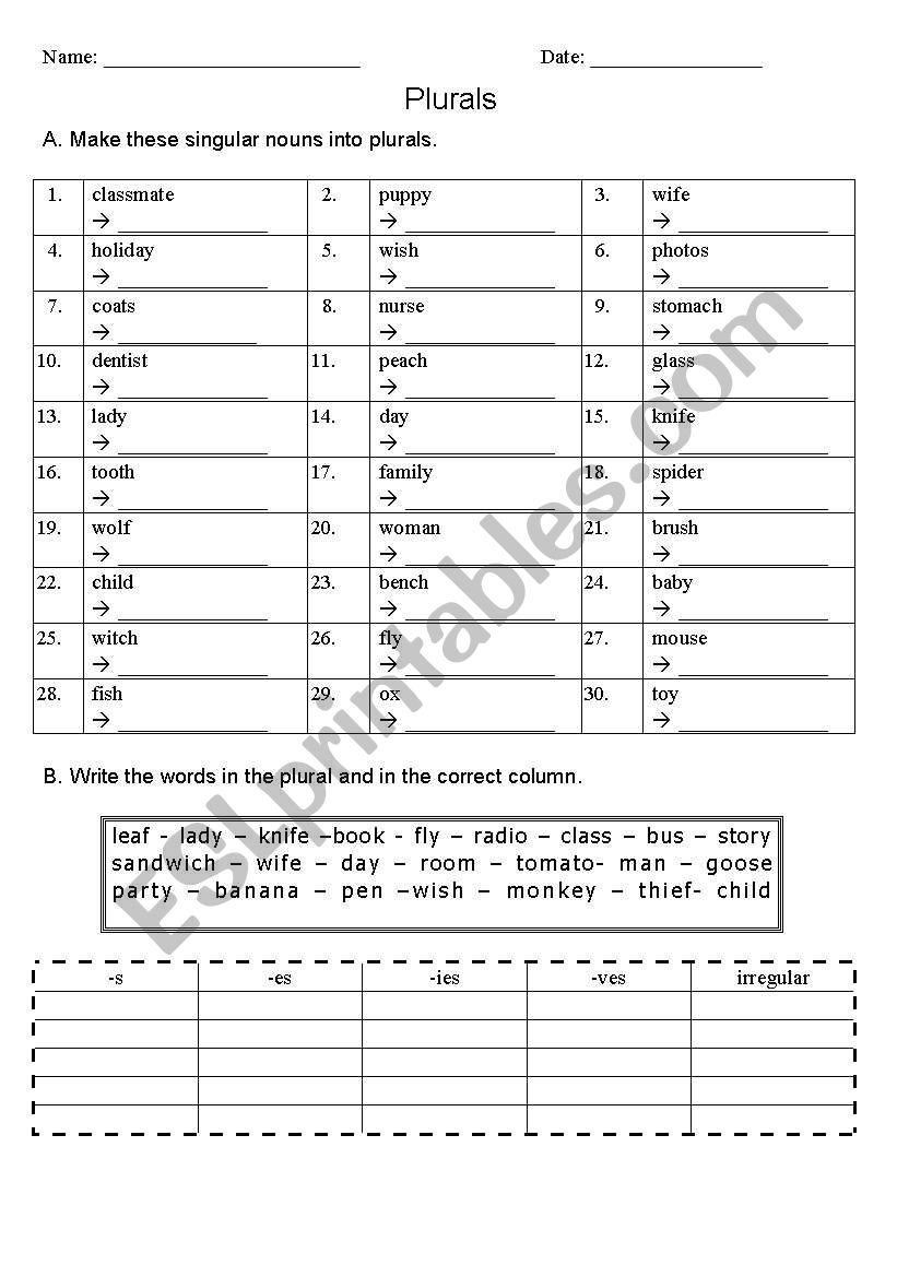 Plurals worksheet