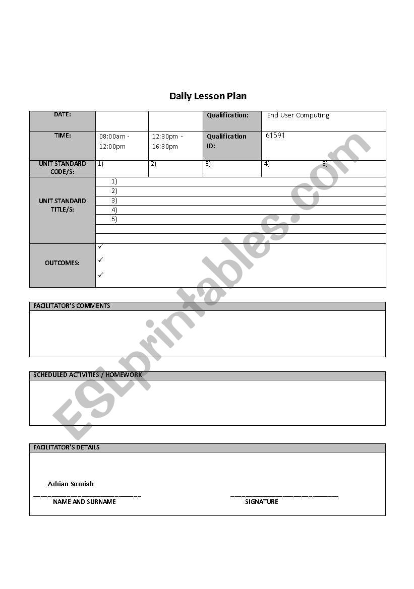 Lesson Plan worksheet