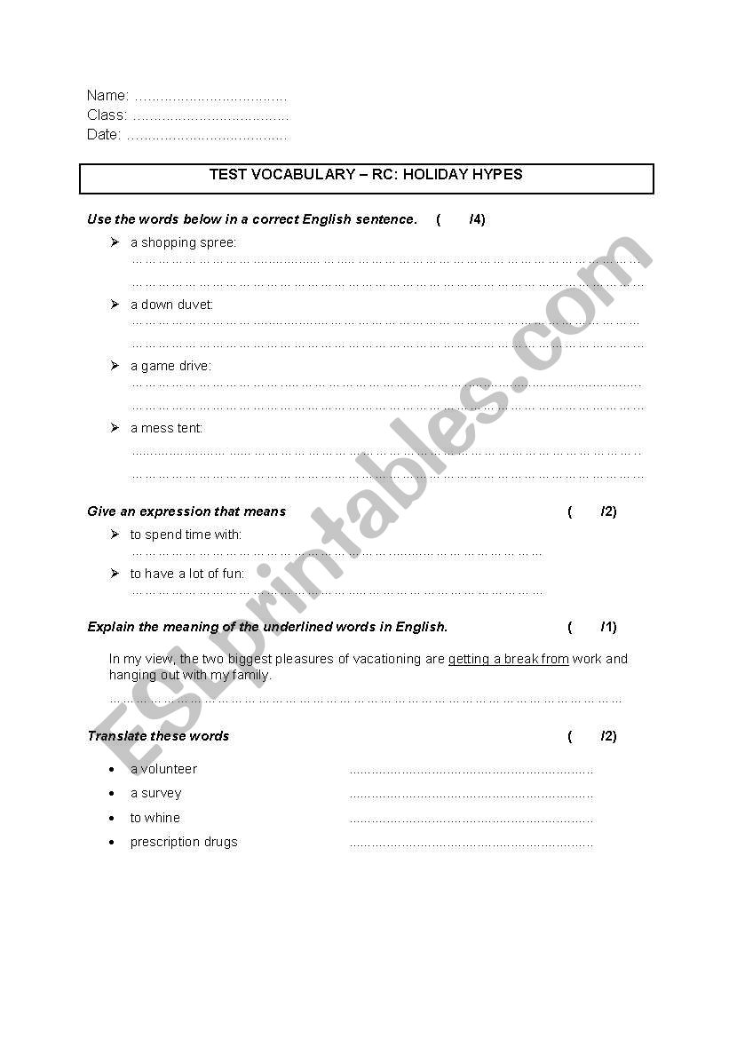 Test Holiday hypes worksheet