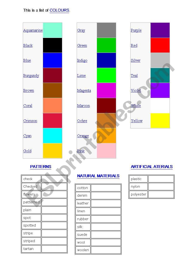 COLOURS AND PATTERNS worksheet