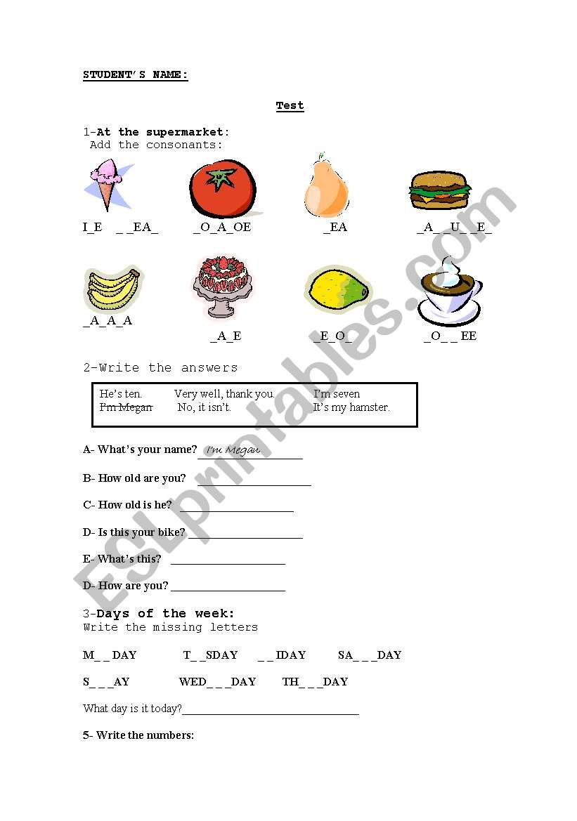 test x kids worksheet