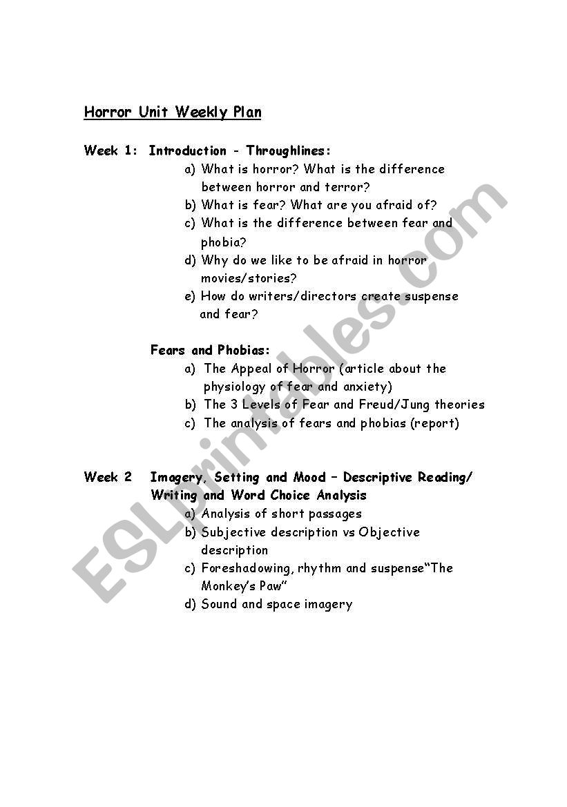 Horror Unit Overview for Intermediate Students