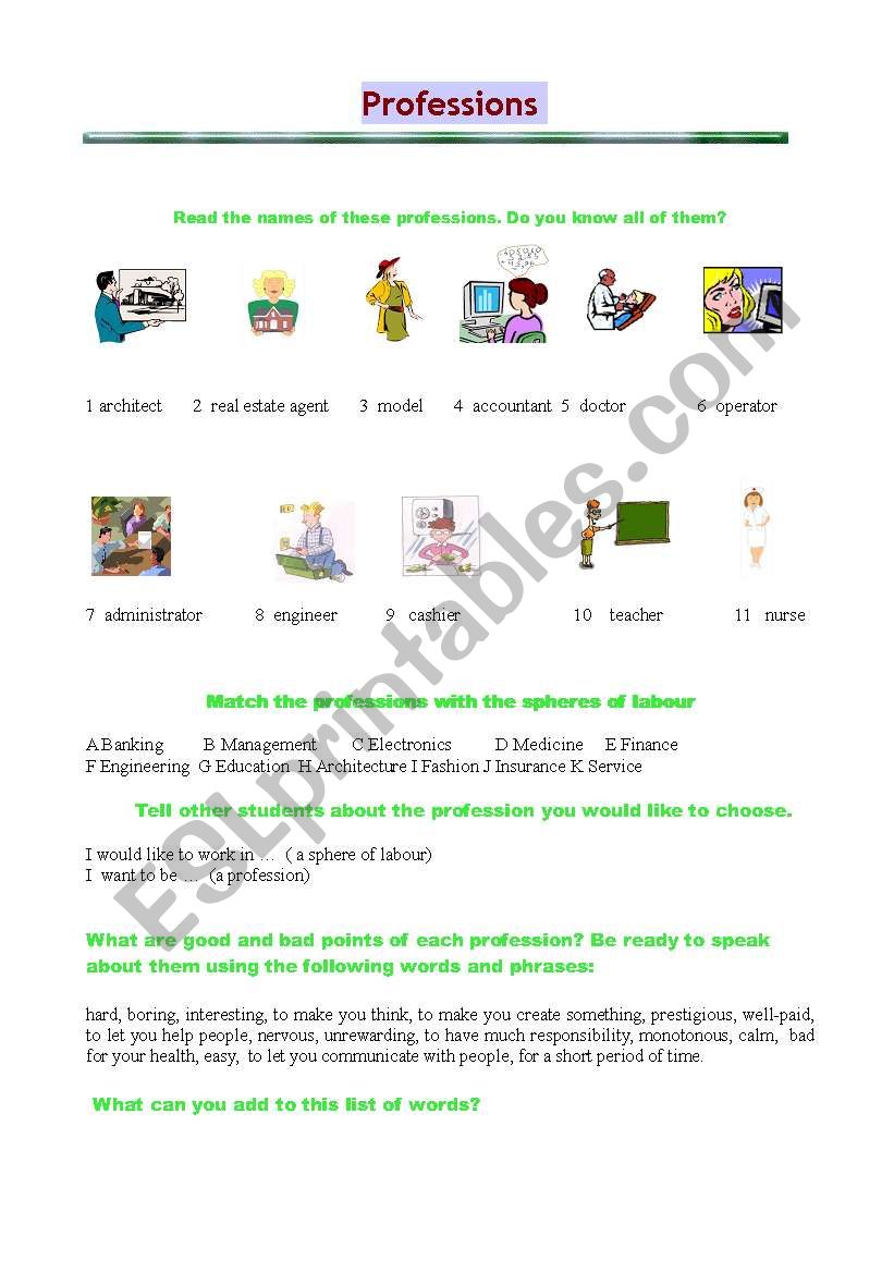 Professions worksheet