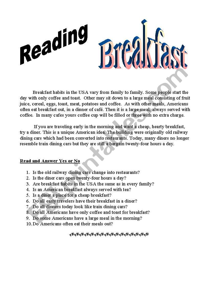Reading : Breafast worksheet