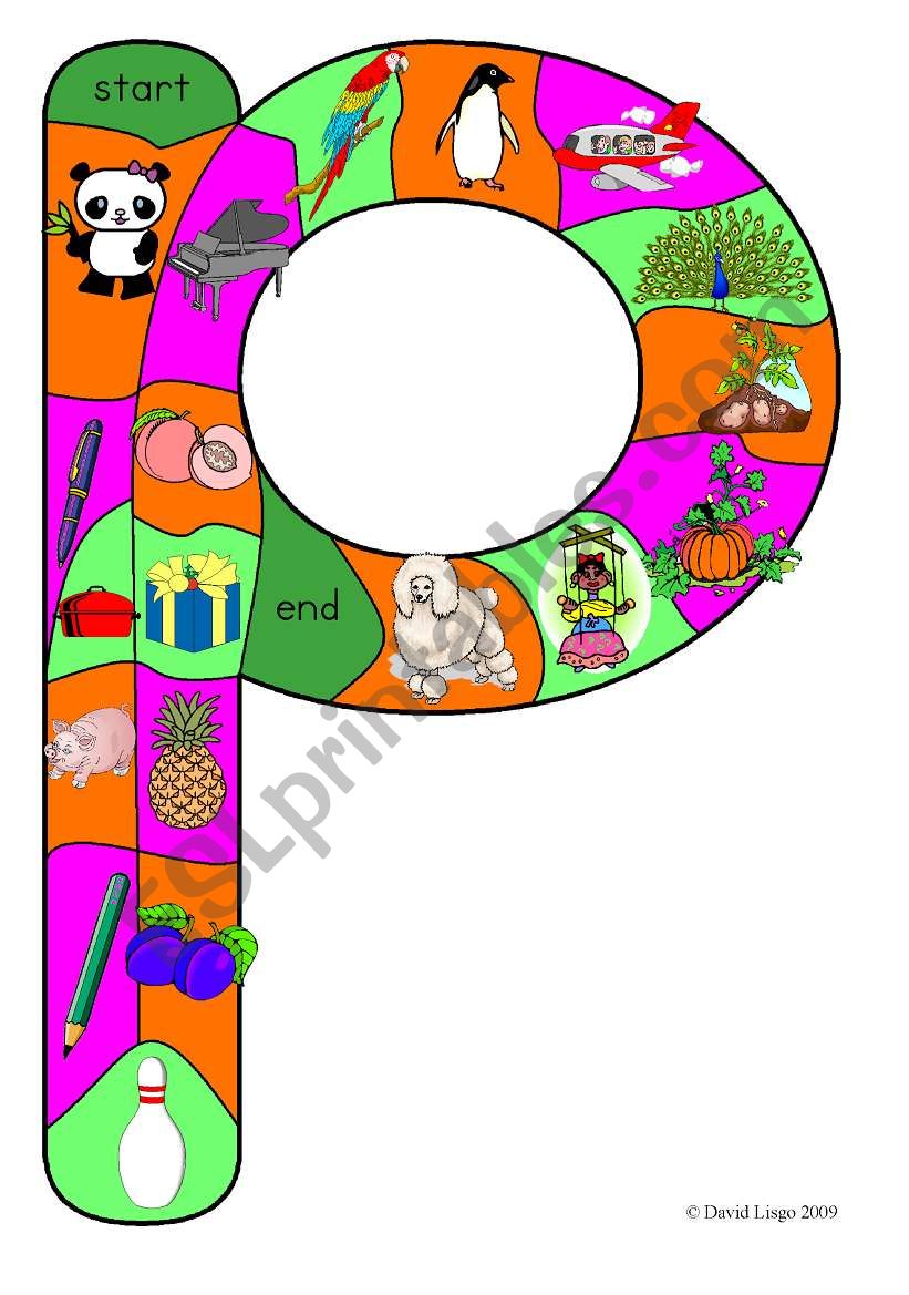 New Alphabet Tracks: letter p in full color, black and white and blank.