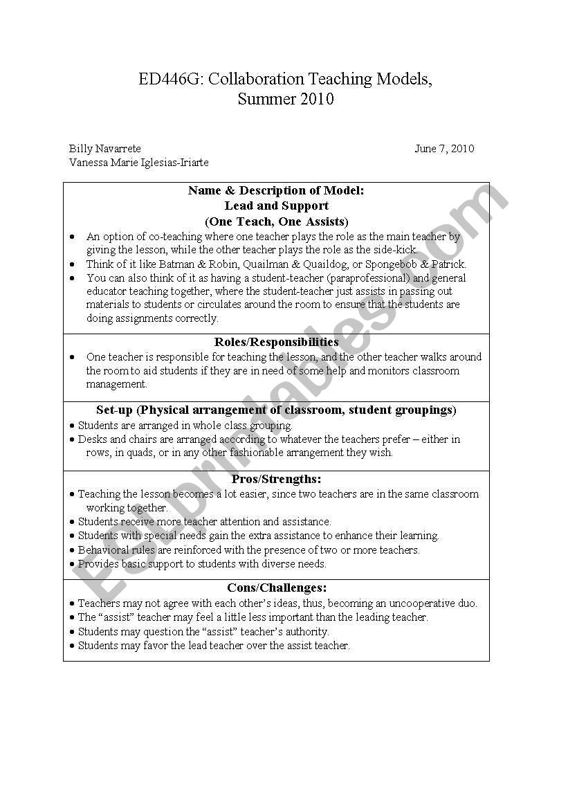 collaboration teaching models worksheet